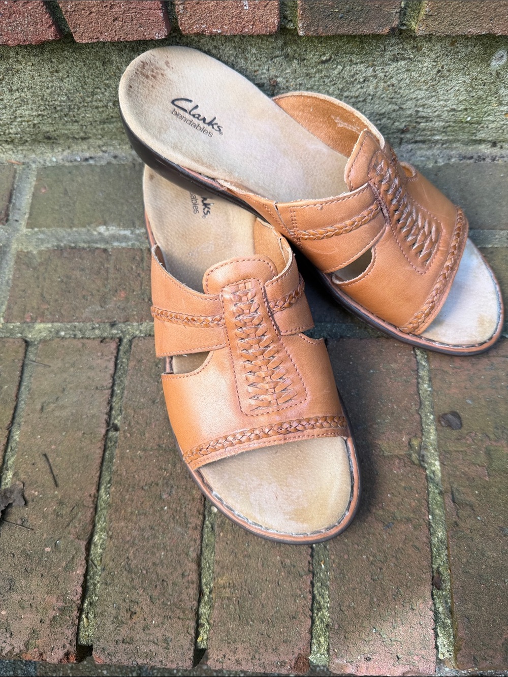 Clarks Tan Leather Woven Slide Sandals
